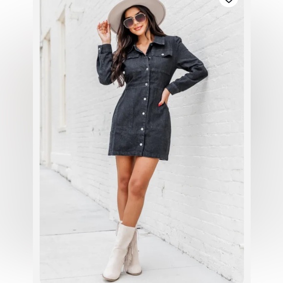 Black Denim Long Sleeve Button Up Mini Dress - Picture 1 of 4